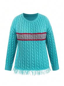SHEIN Unity Plus Striped Pattern Fringe Hem Cable Knit Drop Shoulder Sweater Knit Pullover Fall Winter Sweater - Green - View 1