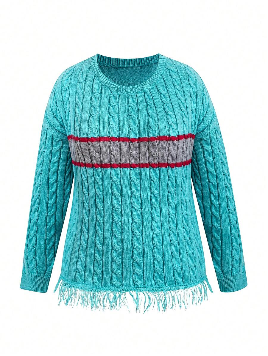 SHEIN Unity Plus Striped Pattern Fringe Hem Cable Knit Drop Shoulder Sweater Knit Pullover Fall Winter Sweater - Green - View 1