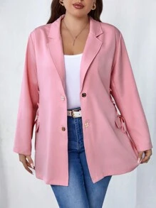 Celure 大碼西裝領側邊綁帶單排釦西裝外套 - 粉色 - 查看 4