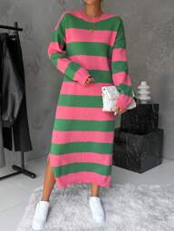 Women's Striped Pattern Drop Shoulder Long Sleeve Slit Hem Knitted Dress
