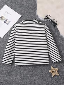 SHEIN Young Boy Striped & Letter Patched Mock Neck Tee - Black and White - View 2