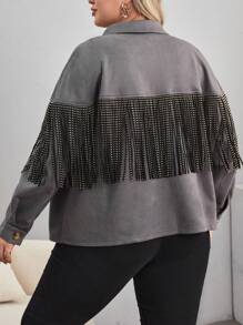 SHEIN LUNE Plus Fringe Trim Drop Shoulder Suedette Jacket - Grey - View 3