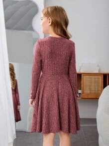 SHEIN 女大童前紐扣條紋針織A字洋裝 - 粉色 - 查看 2