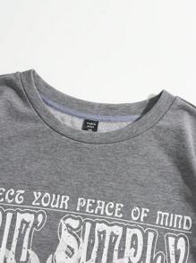 SHEIN EZwear Hơn mặt trời & Đồ họa Khẩu hiệu Thả vai Áo nỉ - Xám - Xem 5