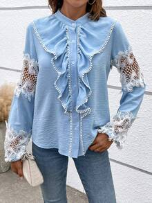SHEIN Frenchy Ren tương phản Viền Ruffle Nút Lên Áo sơ mi - Màu xanh lam - Xem 5