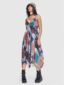 ROMWE Fairycore Patchwork Print Hanky Hem Cami Dress - Multicolor - View 5