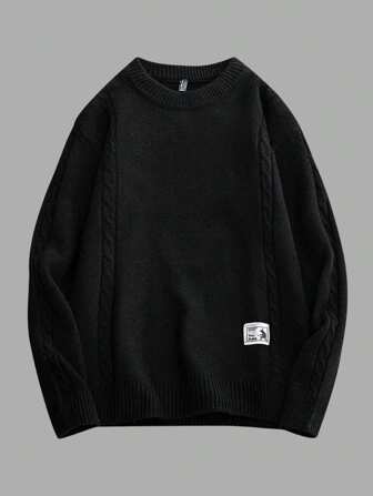 Men's Patched Round Neck Long Sleeve Sweater