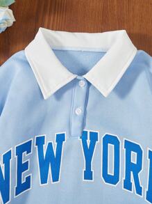 SHEIN Explorewe 女大童字母圖案拼接領落肩袖Polo領運動衫 - 藍色 - 查看 5