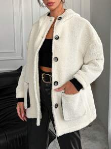EURMUSE Dual Pocket Drop Shoulder Hooded Teddy Coat - White - View 4