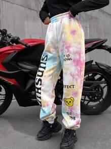 EURMUSE Tie Dye Slogan Graphic Elastic Waist Sweatpants - Multicolor - View 4