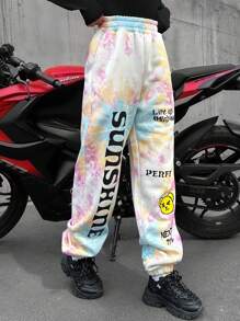 EURMUSE Tie Dye Slogan Graphic Elastic Waist Sweatpants - Multicolor - View 5