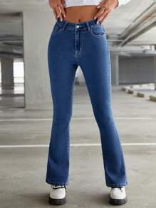 SHEIN ICON Embroidery Detail Flap Pocket Flare Leg Jeans - Medium Wash - View 1