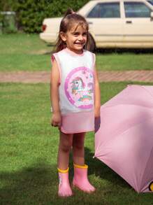 Girls' Waterproof & Stain Resistant Pink Unicorn Printed Vest For Eating