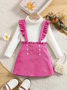 SHEIN Young Girl Turtleneck Tee & Ruffle Trim Suspender Skirt - White - View 1