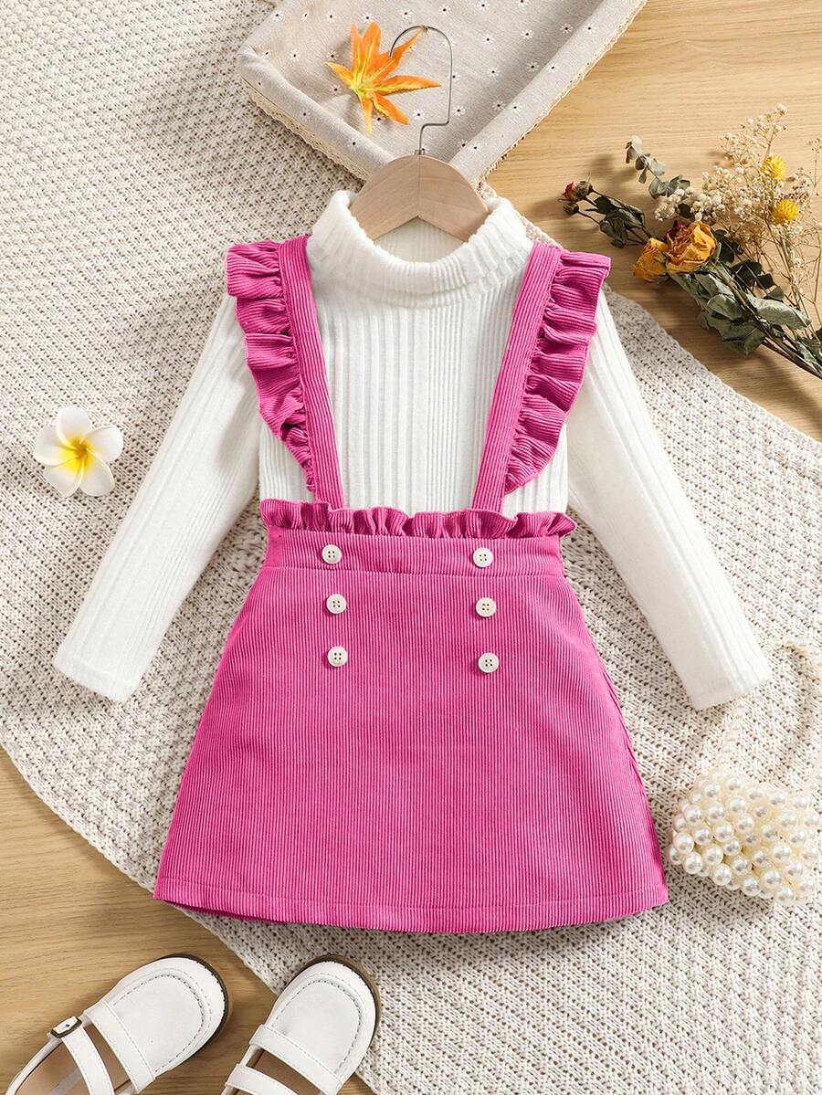 SHEIN Young Girl Turtleneck Tee & Ruffle Trim Suspender Skirt - White - View 1