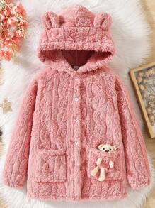 SHEIN Tween Girl 3D Bear Decor Hooded Teddy Coat - Pink - View 1