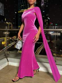 Zolique 單肩斗篷袖魚尾裙下擺絲絨洋裝 - 玫紅色 - 查看 4