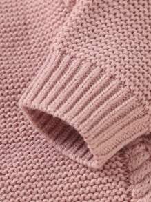 Baby Girl Cable Knit Raglan Sleeve 3D Ear Patched Hooded Button Front Knit Jumpsuit - Pink - View 3