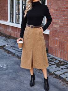 SHEIN Privé 斜口袋高衩燈芯絨半身裙 - 卡其色 - 查看 5