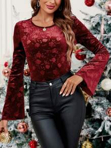 SHEIN Clasi Hoa Dệt hoa Tay áo kèn  Áo thun - Đỏ - Xem 1