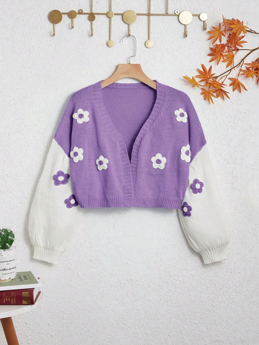 SHEIN Teen Girl Floral Patched Drop Shoulder Colorblock Cardigan - Mauve Purple - View 1
