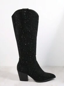 SHUZIA 金屬亮絲尖頭粗跟靴子