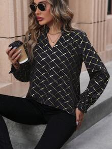 SHEIN EZwear Vàng In Argyle Shirred Cuff Áo sơ mi - màu đen - Xem 6