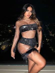 SHEIN X GiudiceGirls 毛茸邊水鑽鉚釘細節薄透緊身洋裝不附帶內衣褲套裝 - 黑色 - 查看 11