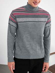 RueChic Men Geo Pattern Turtleneck Sweater - Grey - View 1