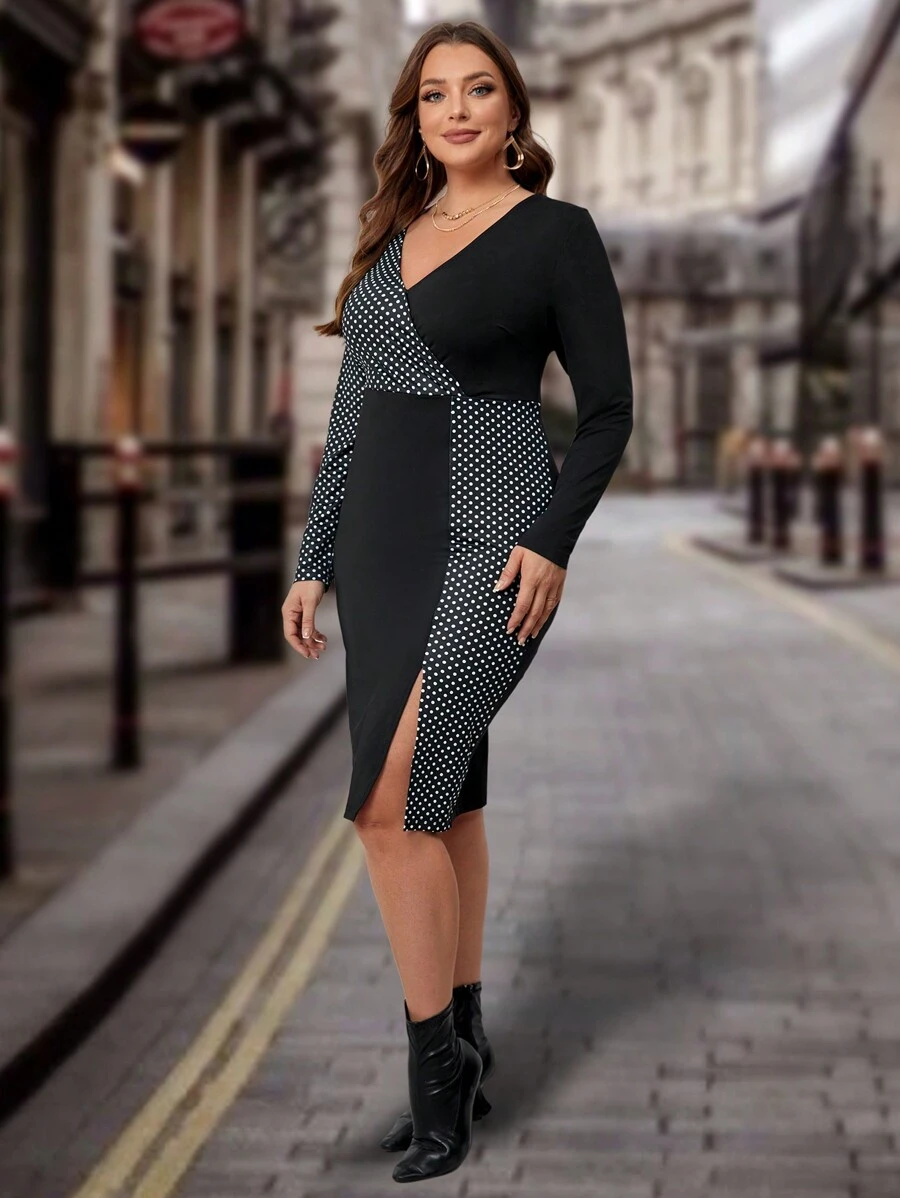 SHEIN Clasi Hơn In vết tròn Polka Tách đùi Đầm - Đen và trắng - Xem 1