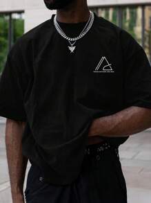 男士幾何和標語圖案T恤 - 黑色 - 查看 3