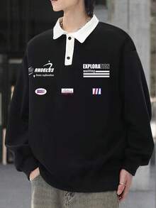 Manfinity Hypemode Loose Fit Men's Letter Print Polo Neck Drop Shoulder Sweatshirt - Black - View 4