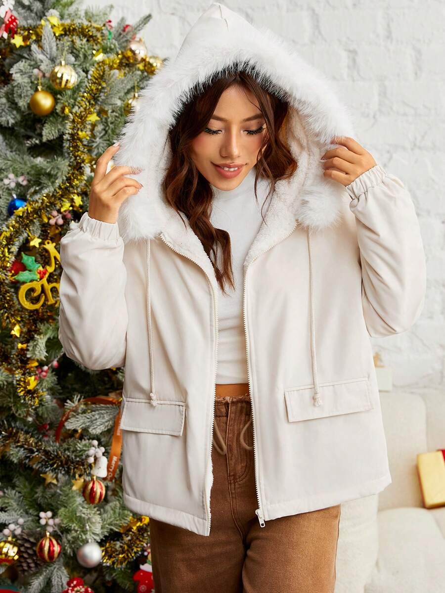 SHEIN EZwear Fuzzy Trim Hooded Drawstring Waist Plush Lined Jacket - Apricot - View 1