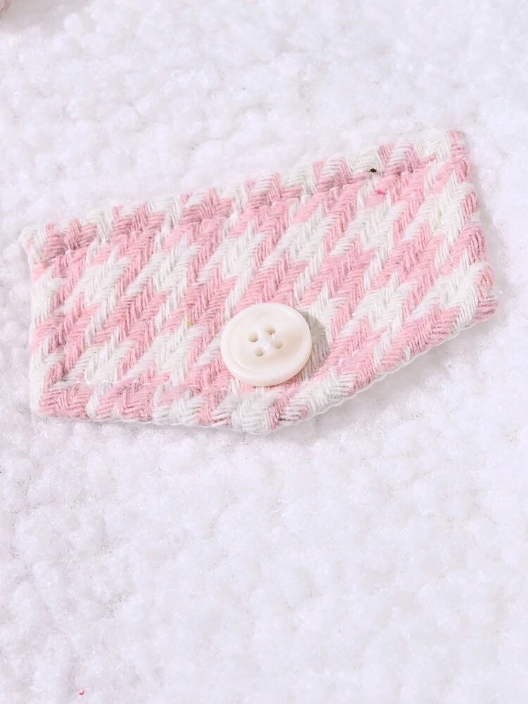 Young Girl Plaid Print Contrast Trim Flap Detail Teddy Jacket