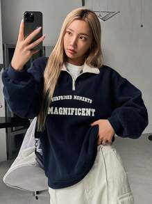 DAZY Letter Graphic Quarter Zip Drop Shoulder Thermal Lined Sweatshirt,Fall Clothes - Navy Blue - View 6