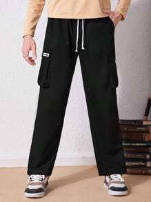 SHEIN Thiếu niên con trai Túi nắp bên cạnh Eo dây rút Quần Cargo - màu đen - Xem 5