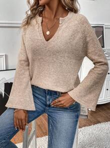 SHEIN LUNE Jersey de punto con cuello en pico y mangas de trompeta, suéter de otoño e invierno - Albaricoque - Ver 1