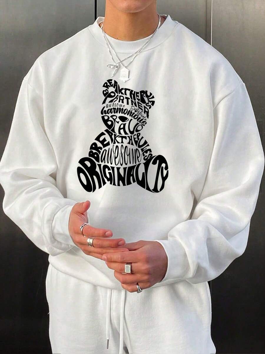 Manfinity RebelGame Men Plus Bear And Slogan Graphic Sweatshirt - White - View 1