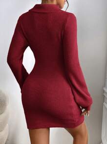 SHEIN Privé Turtleneck Lantern Sleeve Sweater Dress Without Belt In Fall/Winter - Red - View 2
