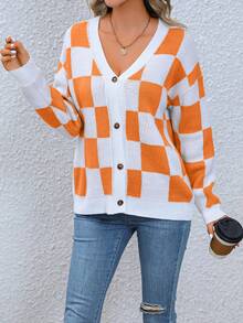 SHEIN Essnce 棋盤格圖案落肩袖開襟衫 - 橘色 - 查看 6