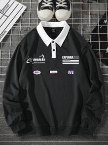 Manfinity Hypemode Loose Fit Men's Letter Print Polo Neck Drop Shoulder Sweatshirt - Black - View 1