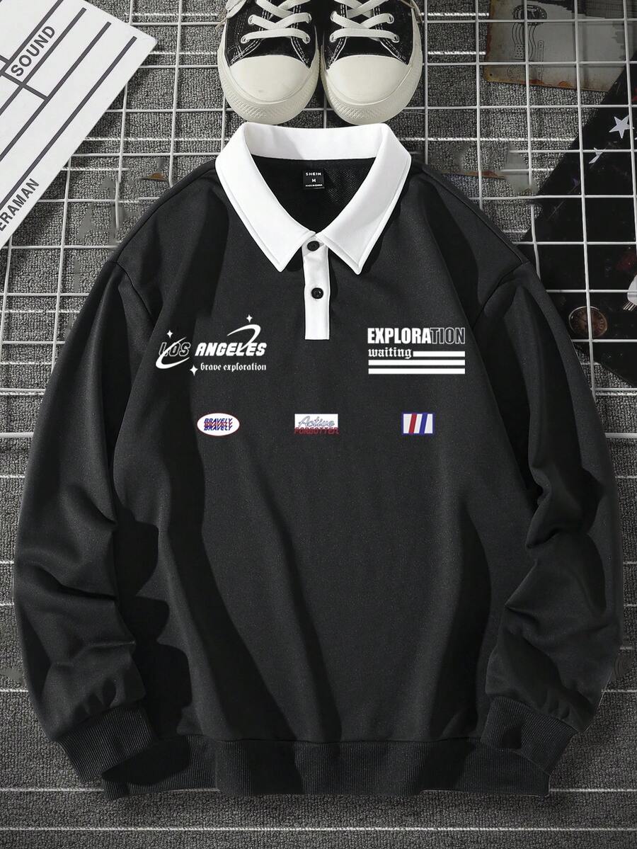 Manfinity Hypemode Loose Fit Men's Letter Print Polo Neck Drop Shoulder Sweatshirt - Black - View 1