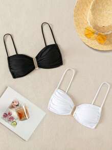 SHEIN Swim Áo bikini nhún bèo đi biển mùa hè - Đen và trắng - Xem 1