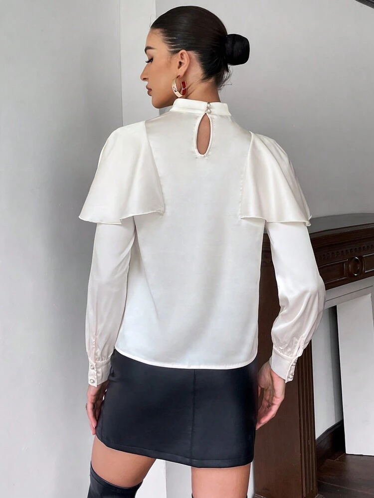 Mock Neck Ruffle Trim Satin Blouse