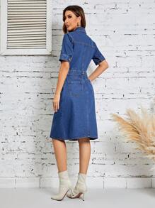 SHEIN LUNE Double Breasted Belted Denim Dress - Dark Wash - View 2