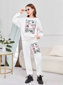 SHEIN Teen Girl Figure Graphic Drop Shoulder Pullover & Sweatpants - White - View 5