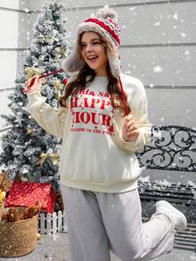 SHEIN EZwear Hơn Giáng sinh Đồ họa Khẩu hiệu Thả vai Áo nỉ - Màu be - Xem 3