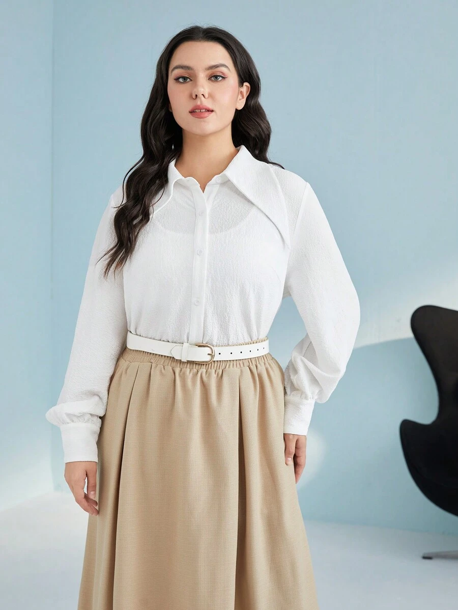 Mulvari Plus Solid Button Front Shirt - White - View 1