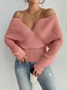 SHEIN Essnce 鏈條細節挖肩蝙蝠袖套頭毛衣 - 粉色 - 查看 1
