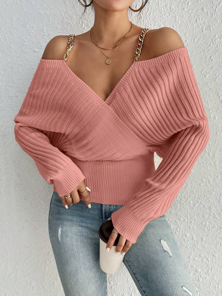 SHEIN Essnce 鏈條細節挖肩蝙蝠袖套頭毛衣 - 粉色 - 查看 1